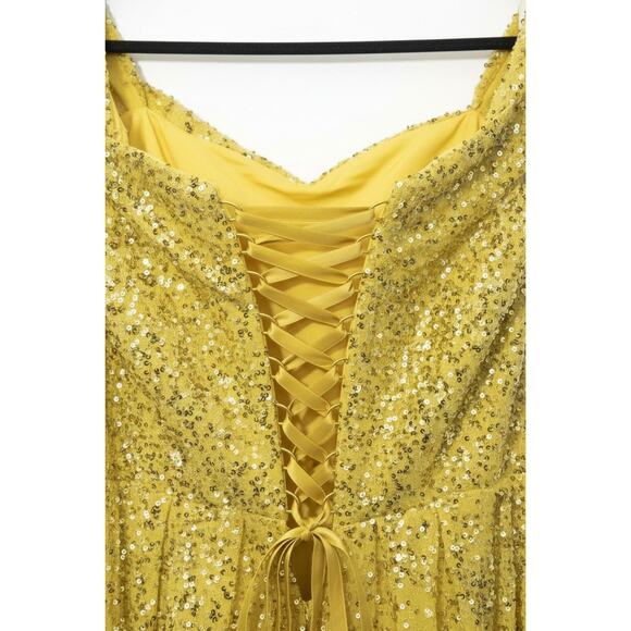Yellow Sequin Off the Shoulder Pleated Corset Back Formal Gown Sz 20 NWOT - Picture 3 of 7
